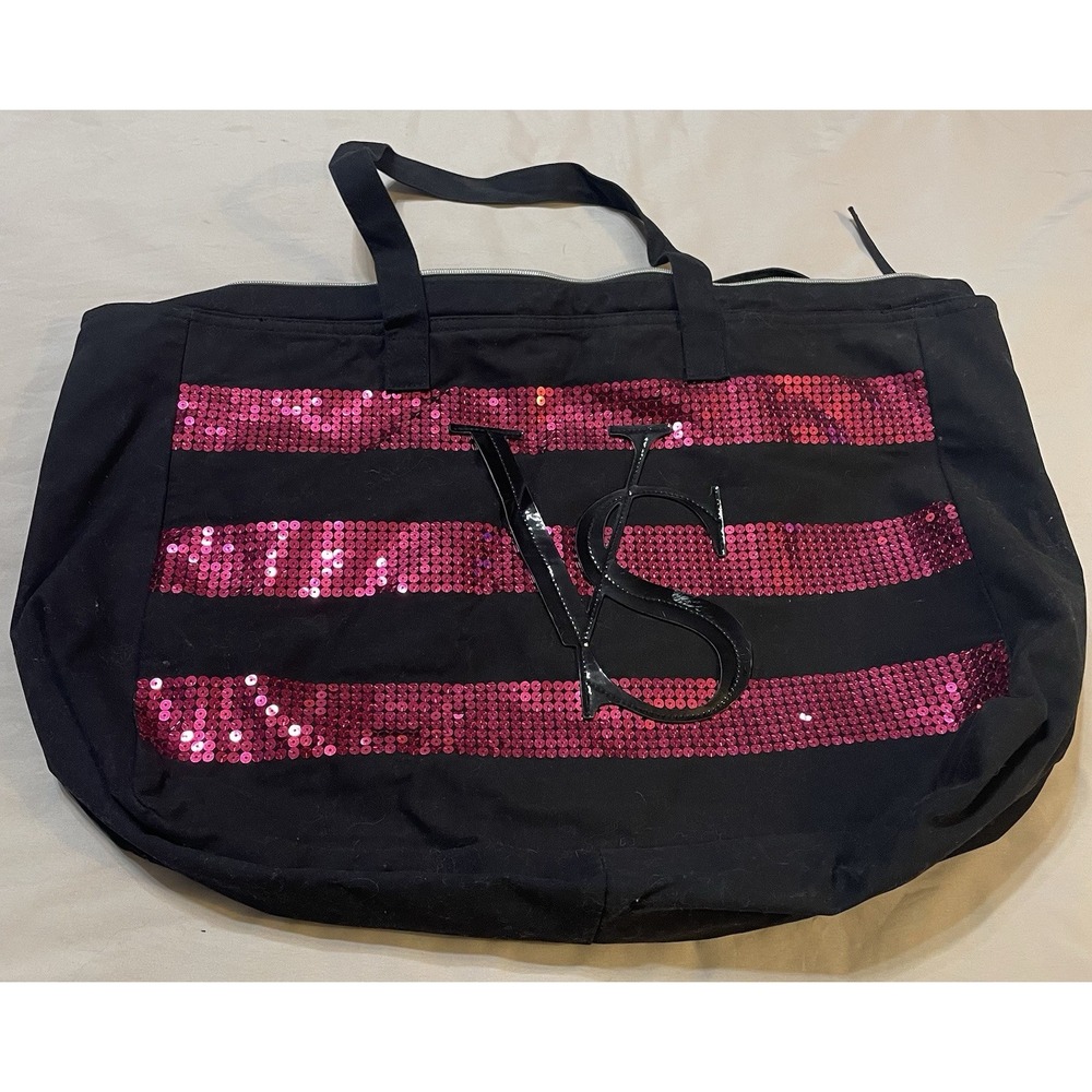 Victoria‎ Secret Weekender Tote Bag Pink & Black Sequin Monogram Logo Stripe Zip